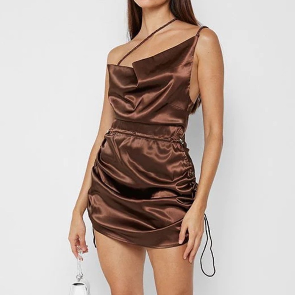 NWOT Maniere de Voir Satin Ruched Mini Dress Chocolate Brown